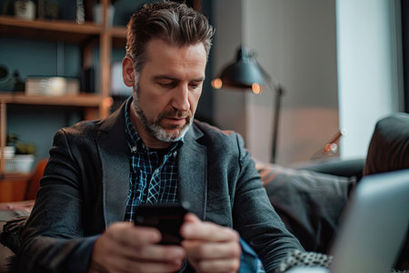 Stylish businessman in a trench coat deeply focused on his smartphone in a modern urban business district setting.の素材