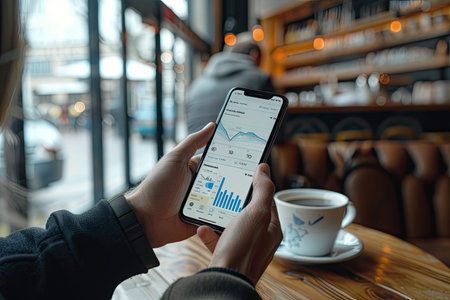 Casual businessman reviewing financial data on his smartphone in a cozy cafe setting with a cup of coffee.の素材