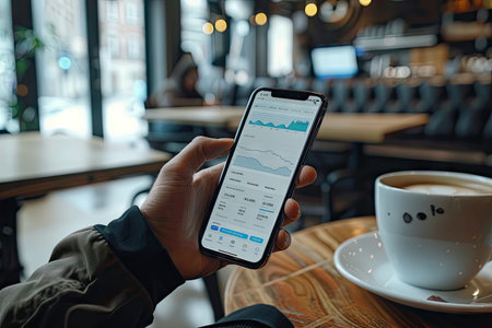 Casual businessman reviewing financial data on his smartphone in a cozy cafe setting with a cup of coffee.の素材