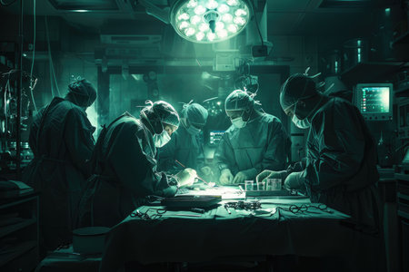 A surgical team operates with intense focus under a green-tinged light, creating a scene of high-stakes medical precision.の素材