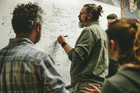 A focused group of professionals engage in a creative workshop, brainstorming around a whiteboard in a collaborative environment.の素材