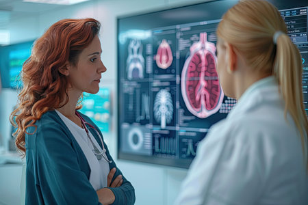 A compassionate medical consultation takes place in a clinic, with a doctor attentively listening to a patient's concerns.の素材