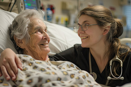 A warm moment captured as a smiling nurse provides comfort to an elderly patient, reflecting the compassionate nature of nursing care.の素材