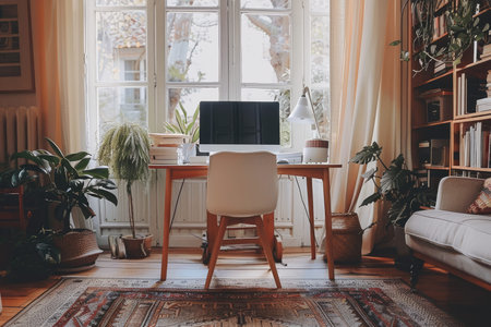 A minimalist home office with a stylish young entrepreneur shopping for boutiA home office setup radiating calmness with a minimalist design and abundant natural plants, enhancing focus and creativity.の素材