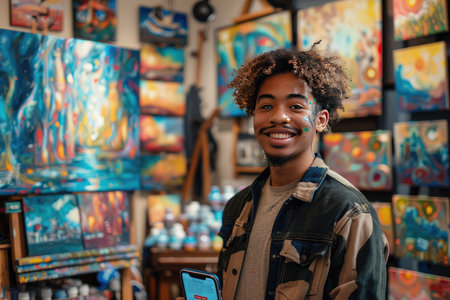 A young man with curly hair stands confidently in front of a colorful urban art display, his casual style complementing the bold portraits behind him.の素材