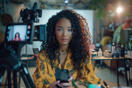 An elegant beauty blogger sits focused before the camera setup for her next video content in a creatively arranged indoor studio.の素材
