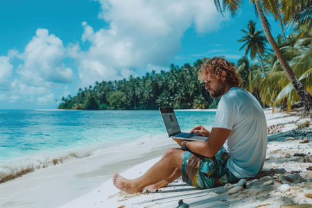 A bearded man working on his laptop from a stunning tropical beach, blending work and travel.の素材