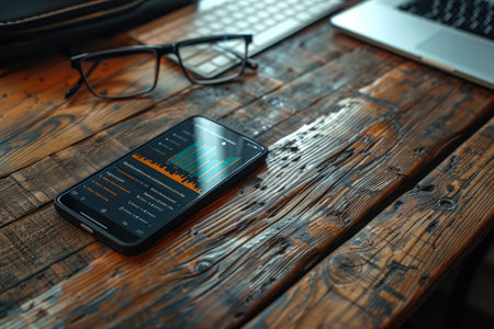 Smartphone on a rustic wooden desk displays vibrant financial graphs, highlighting mobile access to financial data and analytics.の素材