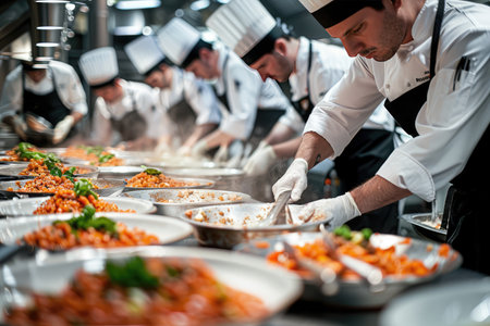 A row of professional chefs in white uniforms and hats, carefully plating colorful dishes in a bustling commercial kitchen environment.の素材