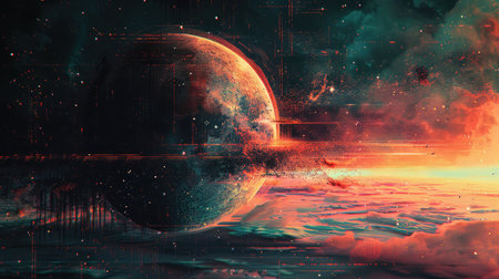 Intense digital artwork featuring a planet engulfed in flames, surrounded by digital glitches and cosmic debris, evoking a sense of urgency and dystopia.の素材