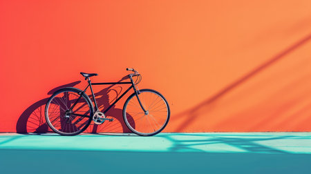 A black bicycle is leaning against an orange wall, with a blue floor.の素材