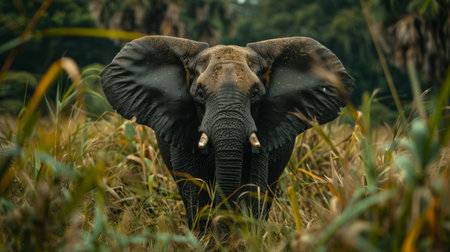 A large elephant stands in the middle of a tall green grass field, looking at the camera with a serious expression on its face.の素材