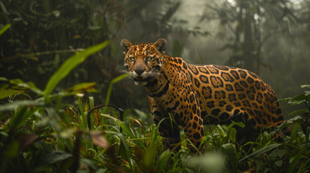 A jaguar is walking through the jungle. The jaguar is a large cat that is native to Central and South America. It is the third-largest cat in the world, after the tiger and the lion. Jaguars are solitary animals and are most active at night. They are excellent swimmers and climbers and are known for their powerful jaws. Jaguars are apex predators and play an important role in the ecosystem.の素材