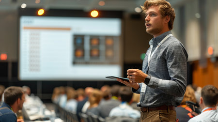 Confident businessman giving a presentation in a conference room full of people.の素材