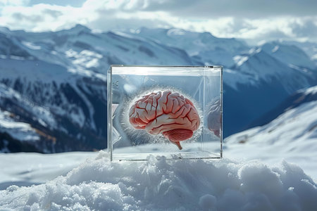 A brain frozen inside a glass box, labeled  Break in case of emergency,  resting on a snowy mountaintopの素材