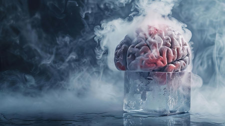 A brain encased in a cube of dry ice, billowing fog emphasizing the extreme coldの素材