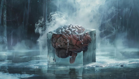 An imaginative brain encased in a cube of glacial ice, surrounded by steamの素材