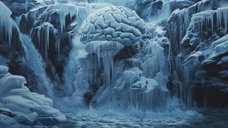 A surreal depiction of a brain encased in a frozen waterfall, hidden behind sheets of iceの素材