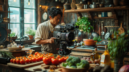 A chef is filming a cooking video in a rustic kitchen.の素材
