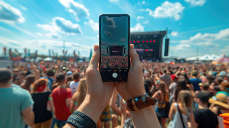 A hand holding a phone is taking a photo of a large crowd at an outdoor music festival.の素材