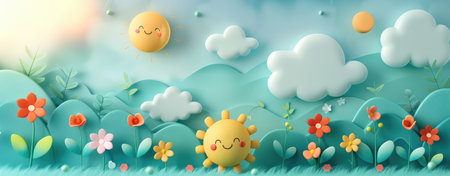 Colorful 3D illustration of a whimsical springtime landscape with rolling hills, flowers, and puffy clouds.の素材