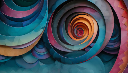 A whimsical pattern of layered concentric circles cut from iridescent paper, resembling a cosmic vortexの素材