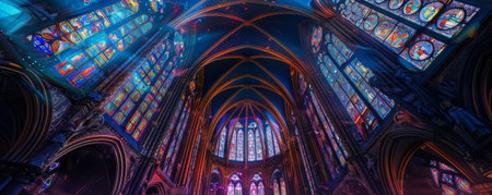 An ornate cathedral interior seen through frosted glass, where stainedglass windows merge into a softened kaleidoscopeの素材