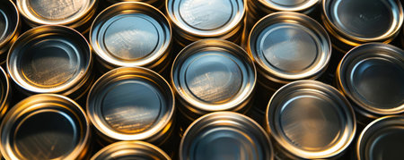 Highpolish tin cans arranged in a grid pattern, the metallic surfaces glinting under bright lightingの素材