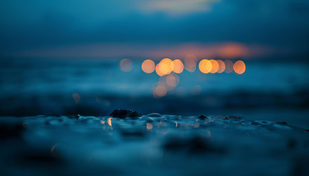 Muted blue bokeh lights, creating a sense of calm and tranquility like the ocean at duskの素材