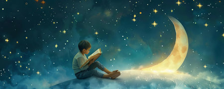 A child sitting on a bookshaped moon, reading by the light of the stars aboveの素材