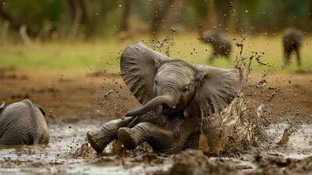 A baby elephant splashing around in a mud puddle, rolling joyfully as its herd watchesの素材