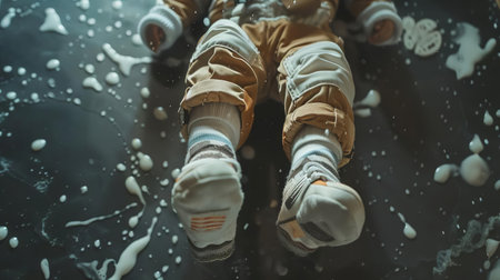A child pretending to be an astronaut, floating in zero gravity with socks on a slippery floorの素材