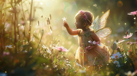 A child wearing fairy wings and waving a star wand, pretending to transform flowers into candy in a magical gardenの素材