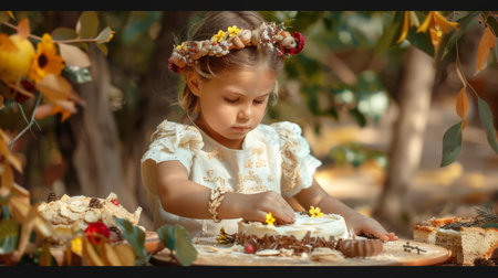 A child pretending to be a baker, making pretend cakes out of sand and decorating them with leaves and flowersの素材