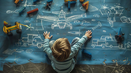 A child inventing a flying car out of LEGOs and toy propellers, showing the blueprint drawn in chalk on the groundの素材