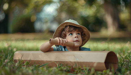 A child with an explorer hat using a cardboard periscope to search the horizon from their backyard submarineの素材
