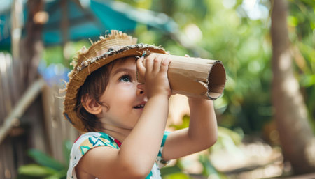 A child with an explorer hat using a cardboard periscope to search the horizon from their backyard submarineの素材