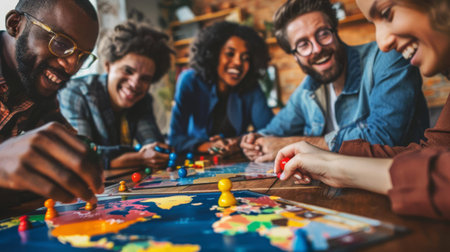A diverse group playing a massive board game representing global markets, exchanging tokens and strategiesの素材