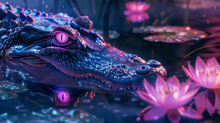 Crocodile in the pond with pink lotus flower.の素材