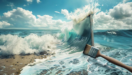 A whimsical painter dipping their brush into the ocean, with waves flowing directly onto the canvasの素材