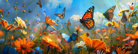 A swarm of playful butterflies fluttering around blooming flowers in a vibrant meadowの素材