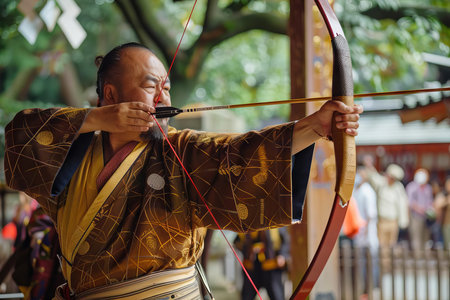 A traditional Japanese archery demonstration at a Shinto shrine, showcasing precision and disciplineの素材