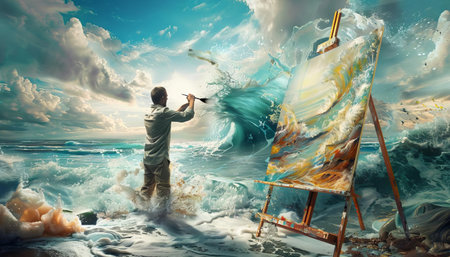 A whimsical painter dipping their brush into the ocean, with waves flowing directly onto the canvasの素材