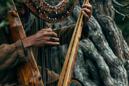 An artist creating music directly from nature, plucking the strings of tree branches like a harpの素材