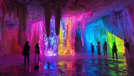 An art installation in a cave where stalactites drip glowing colors onto a canvas belowの素材