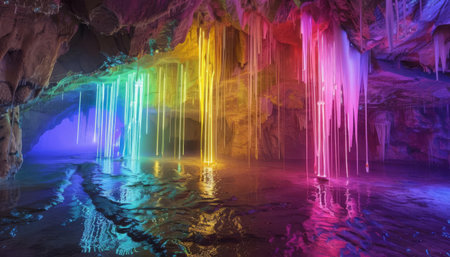 An art installation in a cave where stalactites drip glowing colors onto a canvas belowの素材