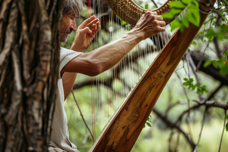 An artist creating music directly from nature, plucking the strings of tree branches like a harpの素材
