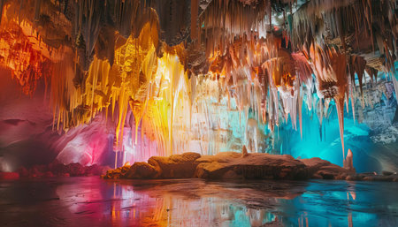 An art installation in a cave where stalactites drip glowing colors onto a canvas belowの素材