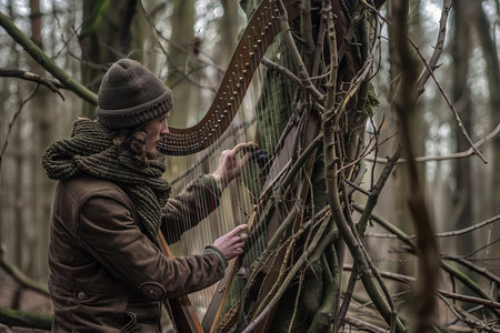 An artist creating music directly from nature, plucking the strings of tree branches like a harpの素材