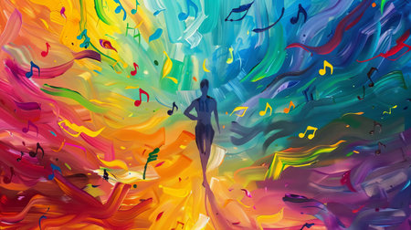 An abstract painting of a figure surrounded by musical notes in rainbow colors, symbolizing the power of music for mental wellbeingの素材